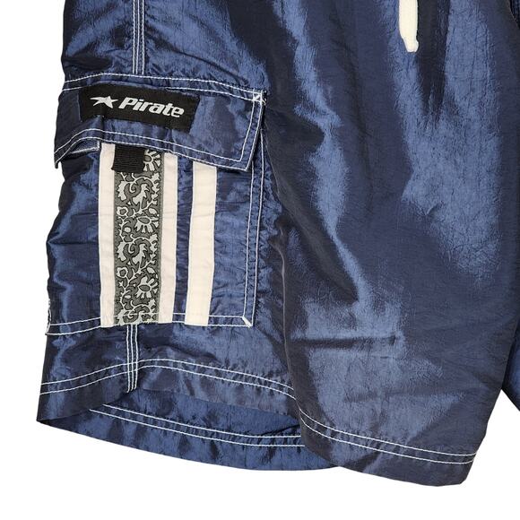 Vtg Pirate Board Shorts sz 34 Men Satin Navy Blue Nylon 90s Y2K Swim Trunks 9" - Picture 6 of 11